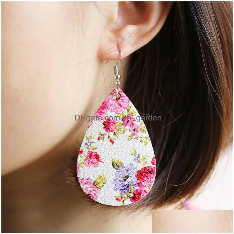 new trendy floral pu leather teardrop dangle earring boho style silver drop hook earring fashion jewelry christmas gift for womeny