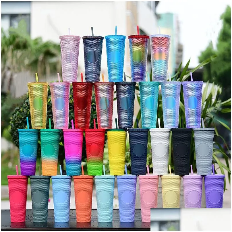 17 colors double walled 24oz studded tumblers with lid straw reusable 710ml radient plastic cold cups diamond durian shaped clear acrylic water bottles custom