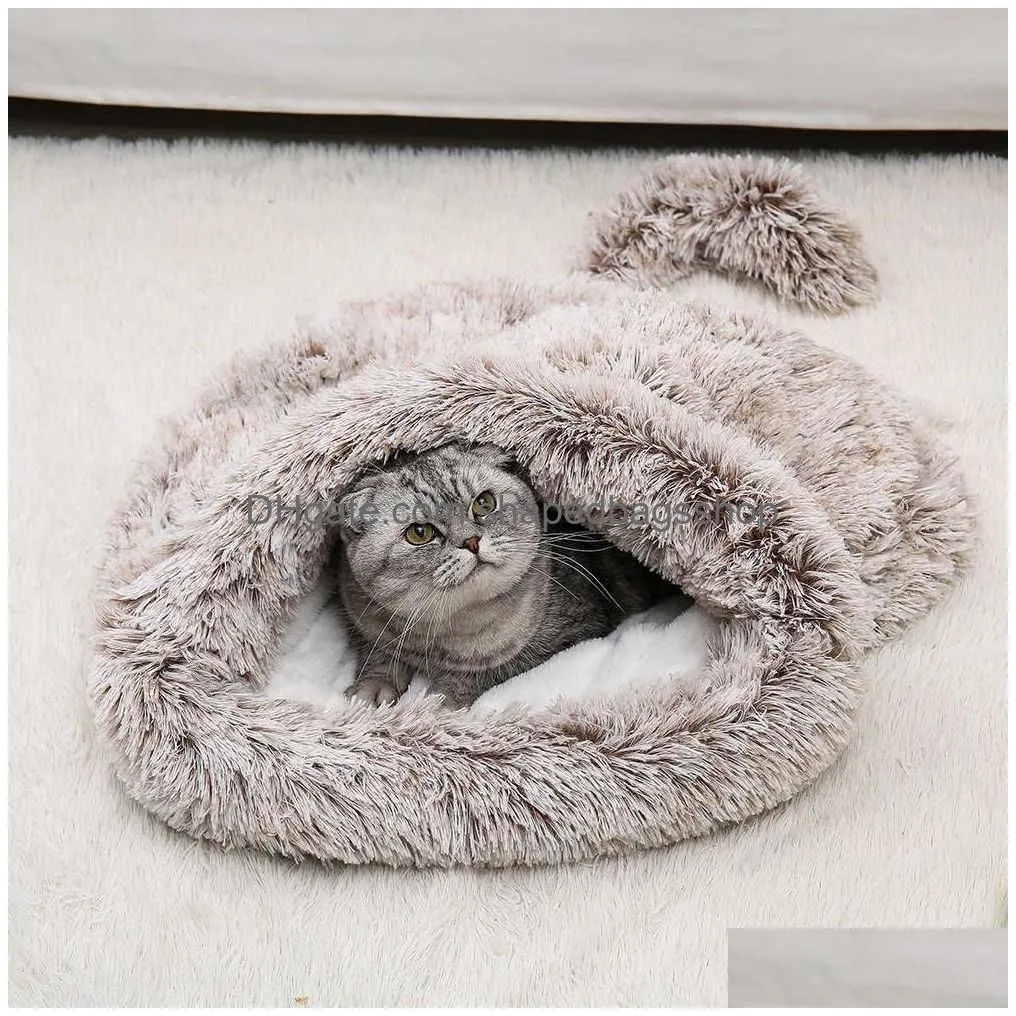 Cat Beds & Furniture Winter Long Plush Pet Cat Beds Round Cushion House 2 In 1 Self Warming S Sack Cozy Sleep Bag Basket For Small Dog Dhafr