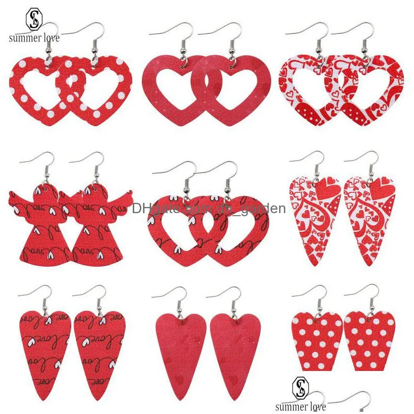 christmas pu leather earrings for women earrings fashion red heart hollow printing oval dangle earring jewelry gift 