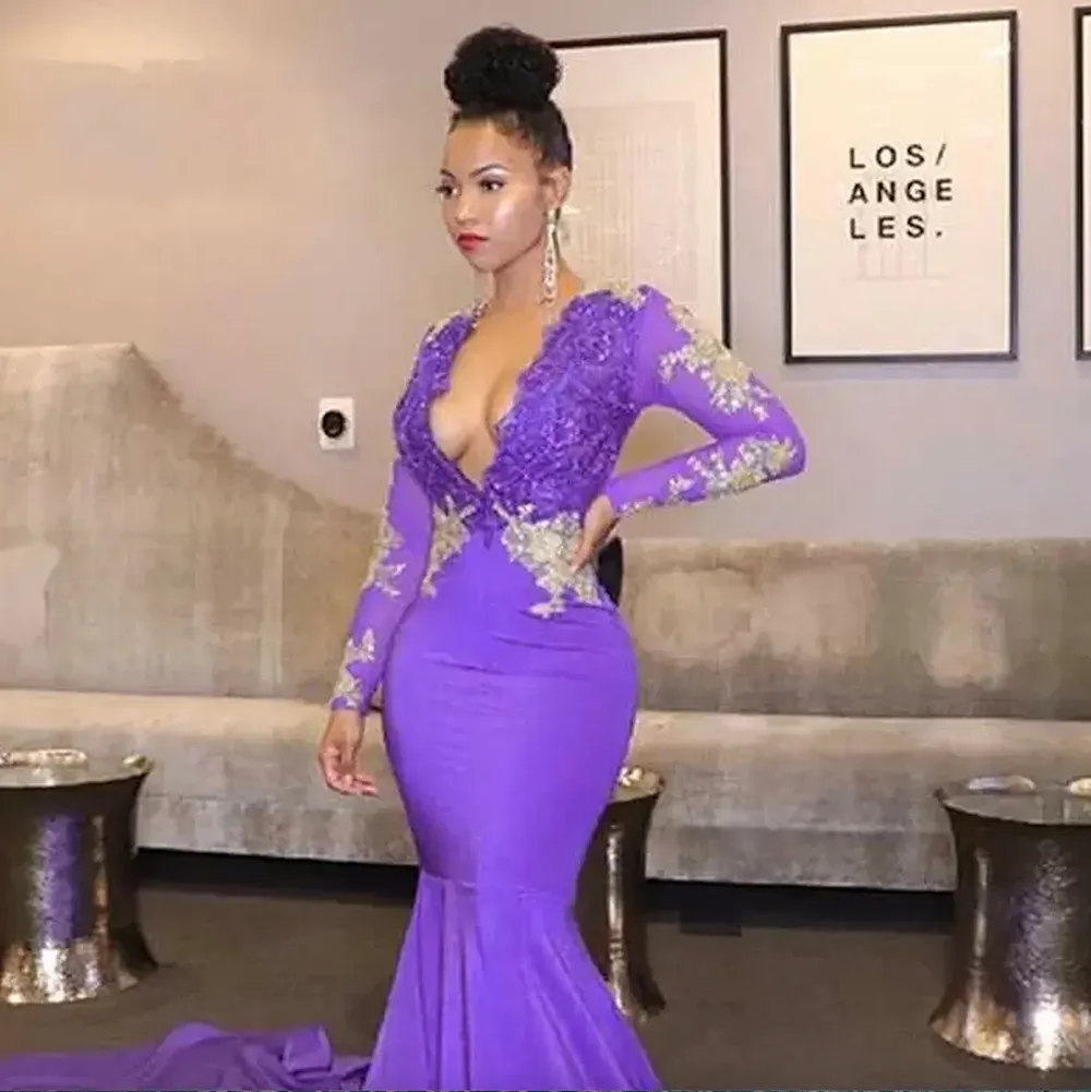 Africa Black Girl Purple Prom Dresses 2023 Sexy Deep V Neck Beaded Lace Appliques Evening Gown Long Sleeves Formal Party Dress