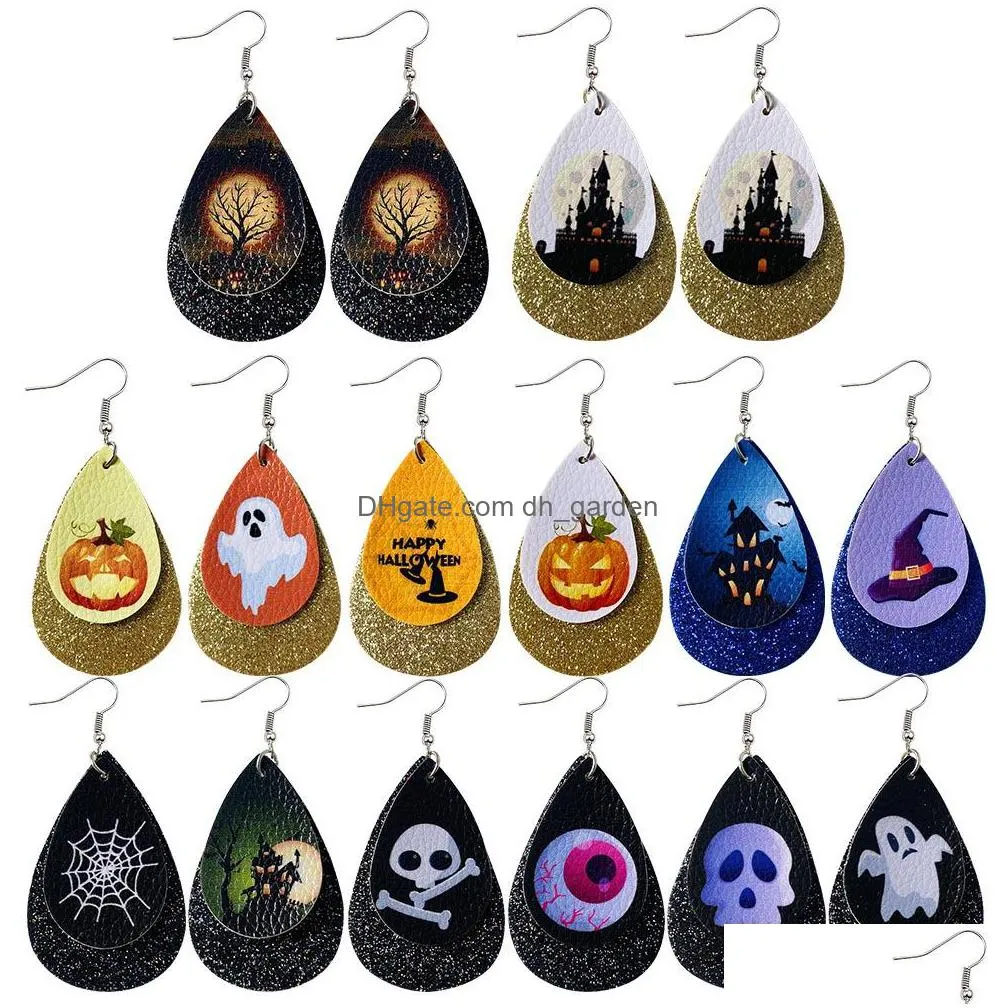 new halloween leather earrings for women water drop pumpkin lantern ghost hat skull eyes double layer sequins printed dangle earrings