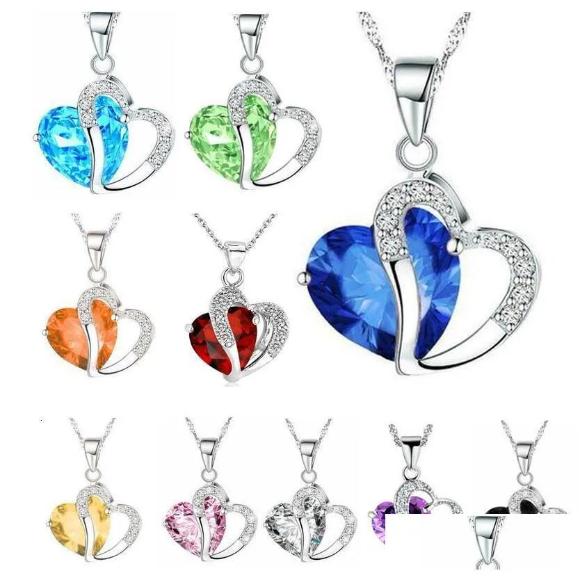 women fashion heart crystal rhinestone silver chain pendant necklace jewelry 10 color length 17.7 inch