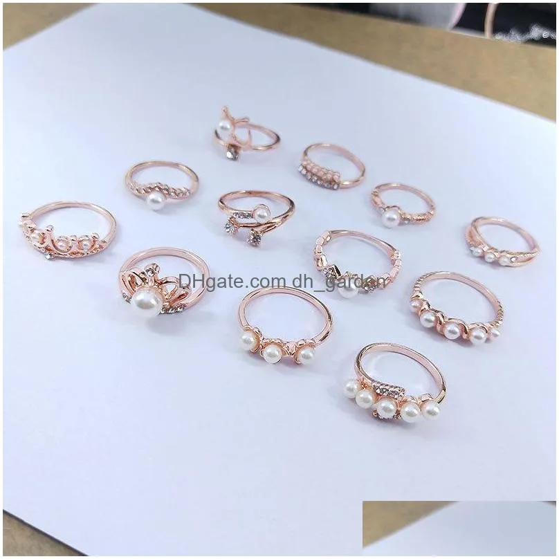 50pcs/lot fashion luxury rose gold color band pearl crown metal rings for women party gifts wedding jewelry mix style wholesale