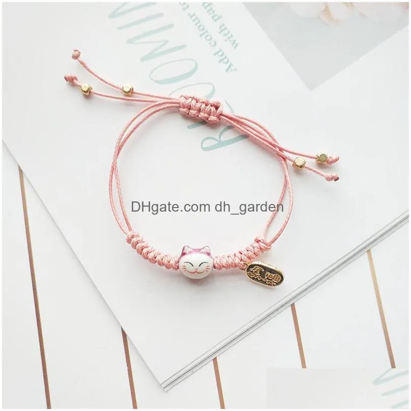 colorful handknitted kawaii ceramic lucky cat charm rope chain bracelets tassel beads for women japanese style fashion jewelry