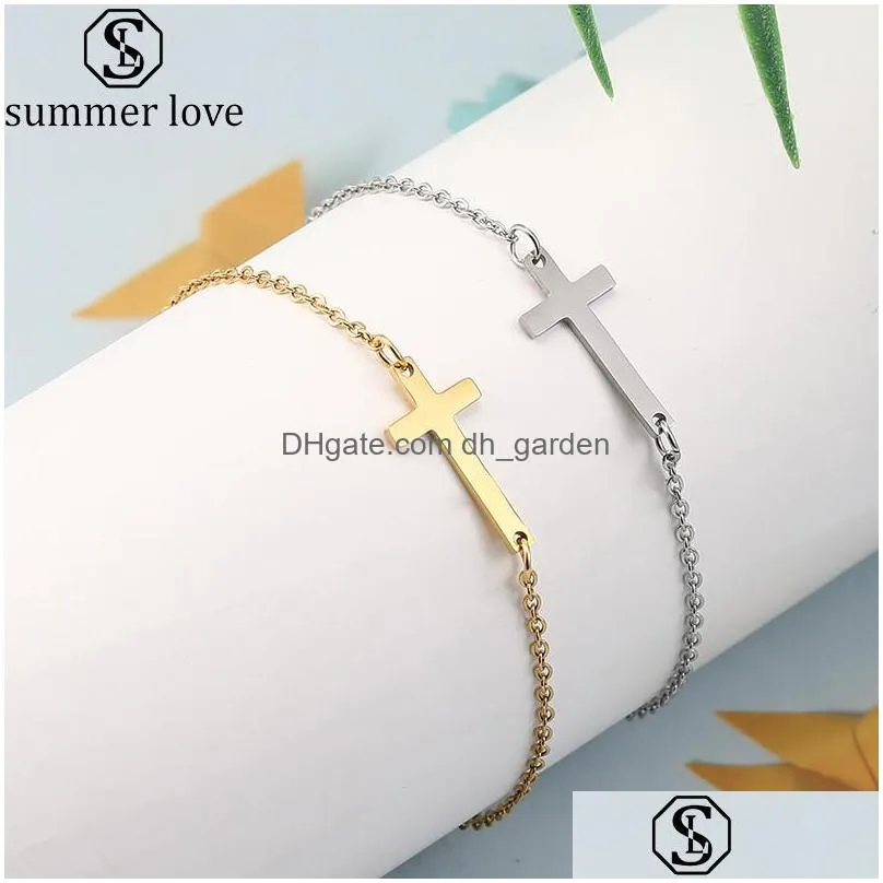 crucifix jesus christian horizontal sideways cross bracelets gold silver color stainless steel bracelet for women men charm jewelry