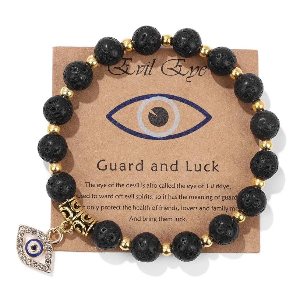 Charm Bracelets Lucky Turkish Blue Evil Eye Card 8Mm Lava Kallaite Beads Handmade Elasticity Bracelet For Men Women Yoga Rei Dhgarden Dh2C5