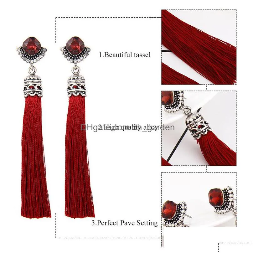 high quality rhombus crystal earrings boho red green thread vintage tassel drop dangle earrings for women fashion jewelryz