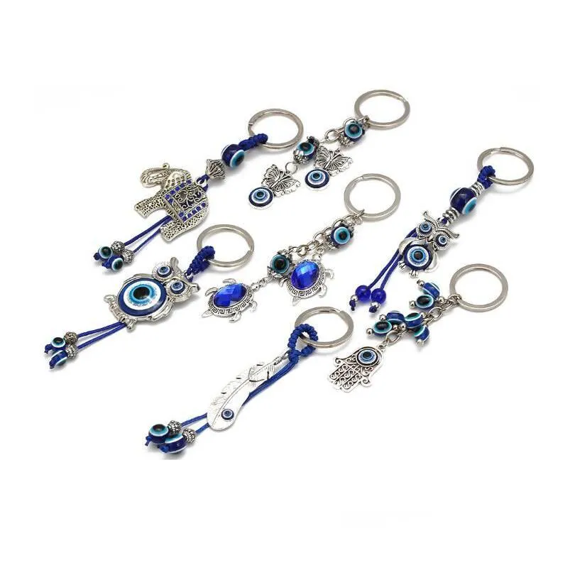 Key Rings Animal Turtle Owl Palm Evil Eyes Key Rings Keychain Glass Keyring Blue Eye Pendant Ornament Keychains Party Gift D Dhgarden Dhxhs