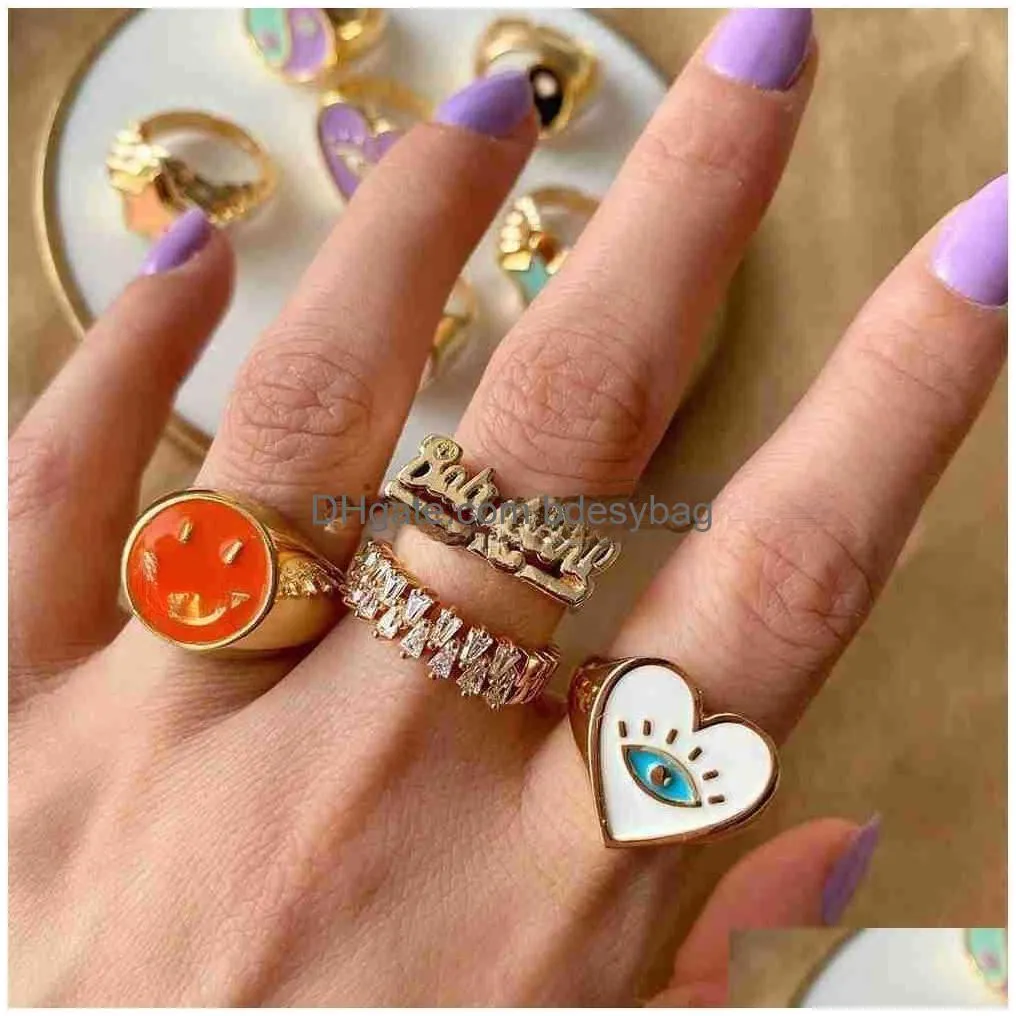 Band Rings Band Rings Aesthetic Colorf Evil Eyes Love Heart For Women Sweet Sunflower Drip Oil Enamel Metal Finger Couple Jewelry Drop Dhjat