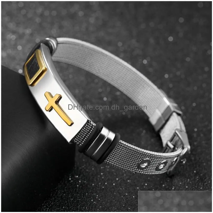 adjustable length bracelet for women men bangle watch band design stainless steel net band christ cross bracelet as valentines day