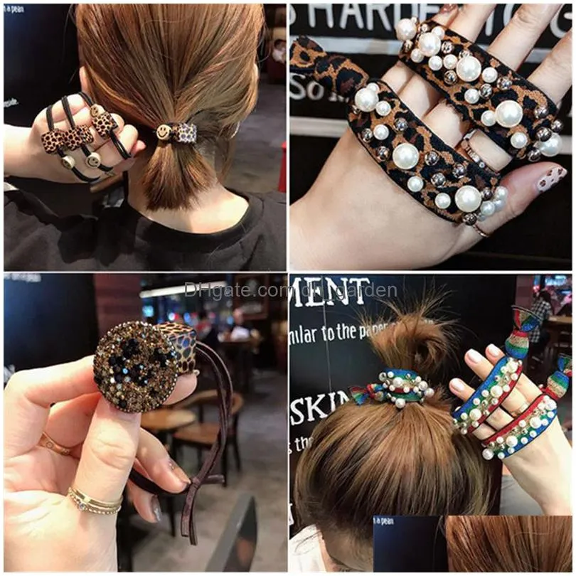 korean women girls leopard animal print elastic hair bands geometry double rubber headband hairband accessories whlolesalez