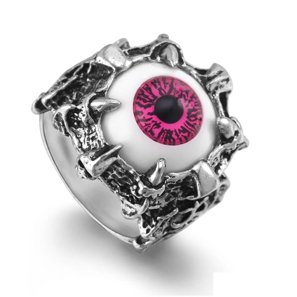 Band Rings Wholesale Uni Punk Retro Dragon Claw Red Evil Eye Skl Stainless Steel Biker Ring Drop Delivery Jewelry Ring Dhgarden Dhui3