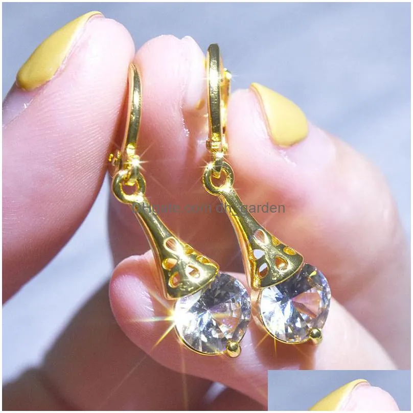 colorful crystal dangle earrings gold ear clips iridescent hypoallergenic gold coated for women hoop drop statement earringsz
