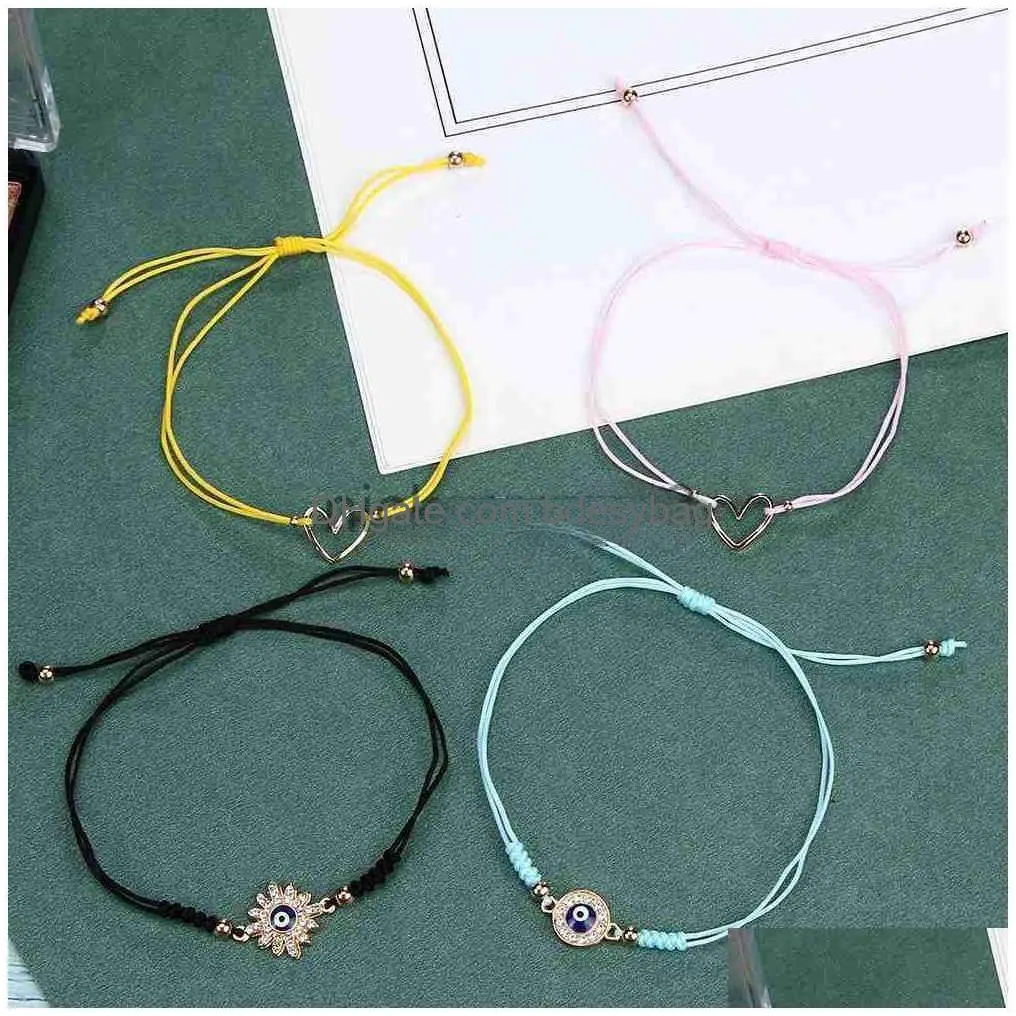 Charm Bracelets Charm Bracelets 12Pcs/Lot Hollow Heart Braided For Women Girl Crystal Evil Eye Handmade Thin String Rope Bracelet Part Dhksg