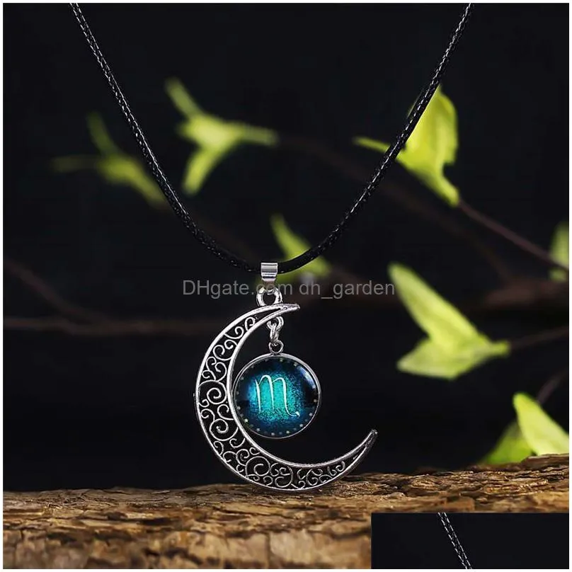 12 constellation pendant necklace sign silver crescent moon stars zodiac jewelry glass dome choker necklaces birthday giftsz