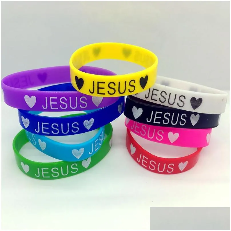 jesus heart silicone bracelet 100pcs/lot mens womens silicone wristband elastic bracelet friendship cuff 9 colors party gift jewelry