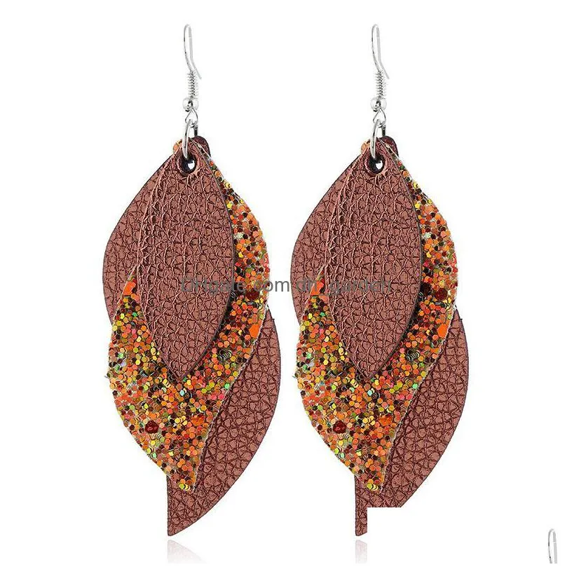 women trendy versatile leather dangle earrings three layers litchi pattern sequin earring