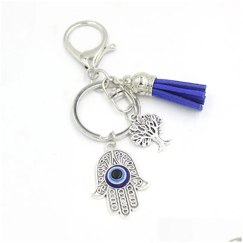 Key Rings Wholesale Tassel Keyrings Tree Of Life Hamsa Hand Lucky Evil Eye Keychain Women Handbag Key Ring Holder Bag Pendan Dhgarden Dhigy