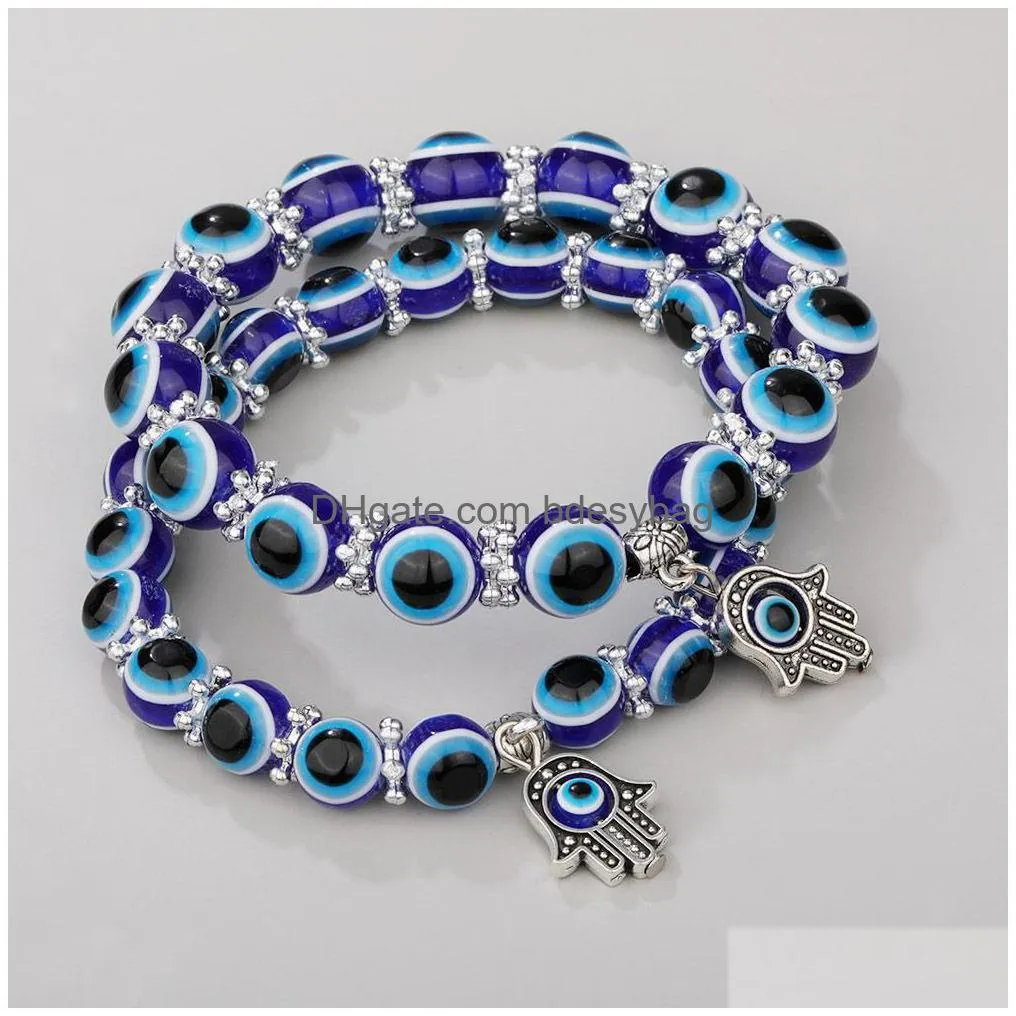 Beaded Fashion Sier Color Strand Bracelet Evil Blue Eye Hand Palm Bracelets For Women Beads Chain Vintage Jewelry Female Drop Delivery Dhprv
