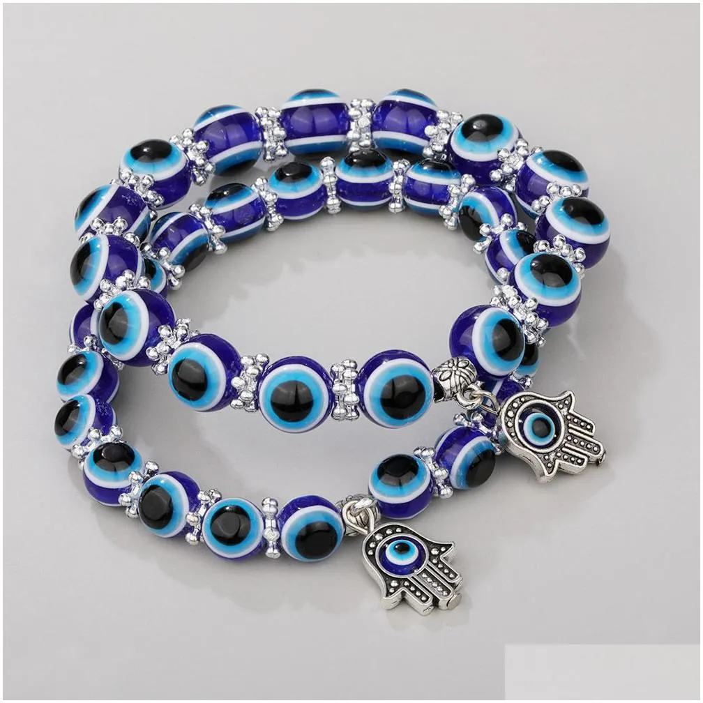 Beaded Fashion Sier Color Strand Bracelet Evil Blue Eye Hand Palm Bracelets For Women Beads Chain Vintage Jewelry Female Dro Dhgarden Dh7Xa