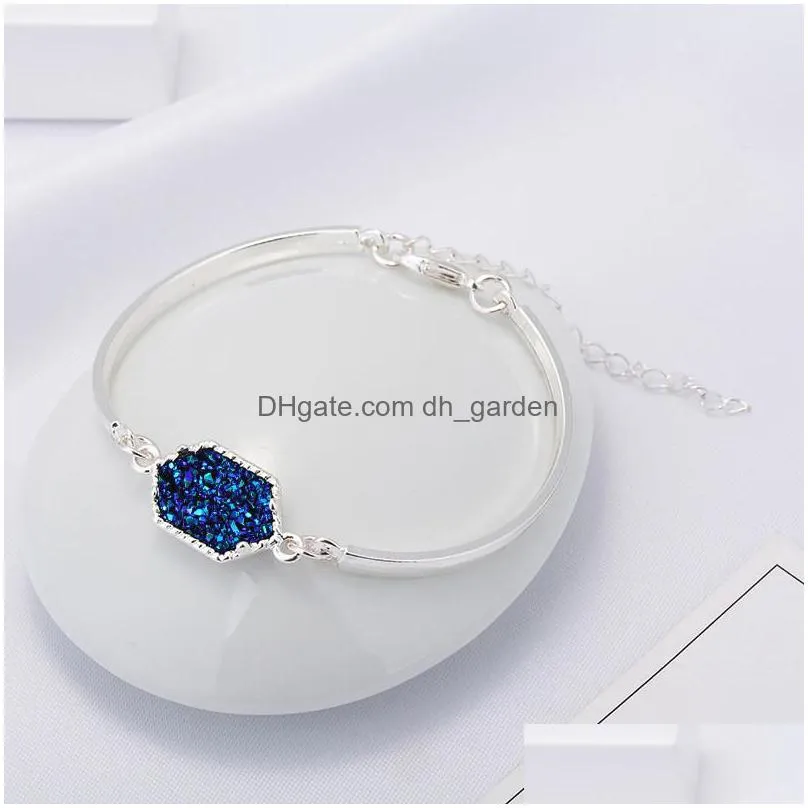 7 colors resin drusy bracelet gold silver color chian imitation crystal hexagon stone druzy bracelets jewelry for womenz