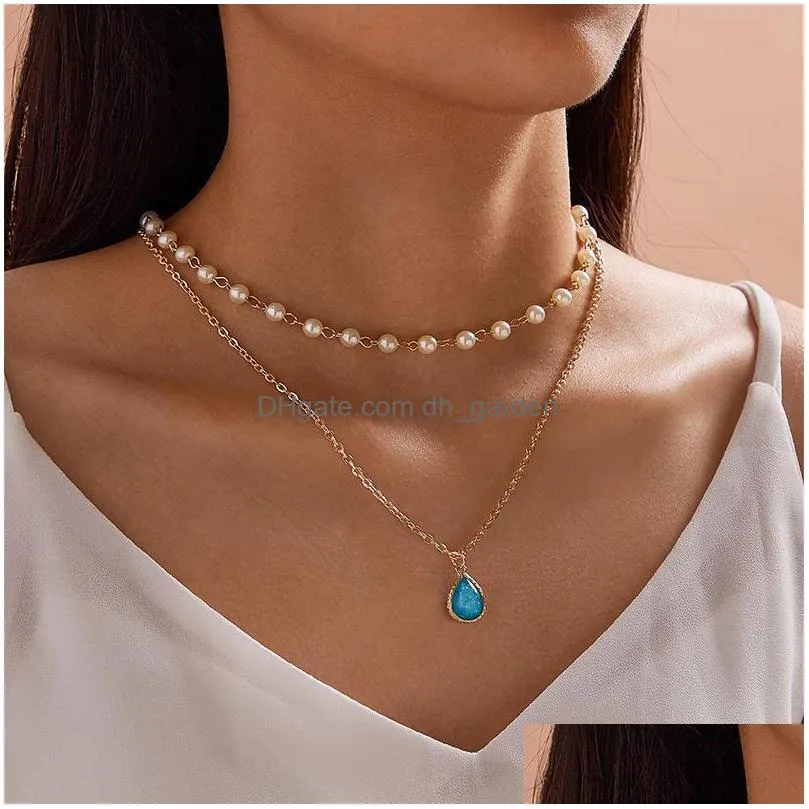 elegant imitation pearl water drop semiprecious stone pendant necklace women vintage geometric clavicle necklaces jewelry gift