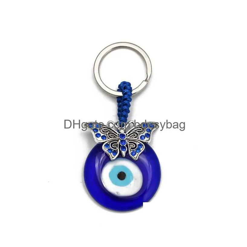 Key Rings Fashion Butterfy Turtle Owl Palm Evil Eyes Key Rings Keychain Metal Keyring Glass Lucky Blue Eye Pendant Ornament Keychains Dhudg