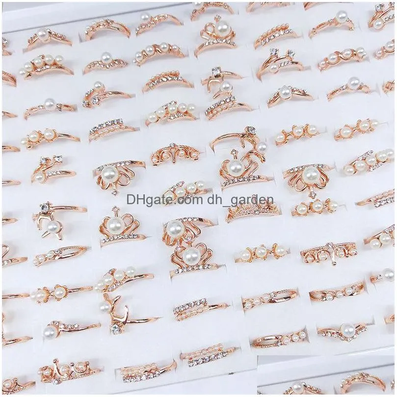 50pcs/lot fashion luxury rose gold color band pearl crown metal rings for women party gifts wedding jewelry mix style wholesale