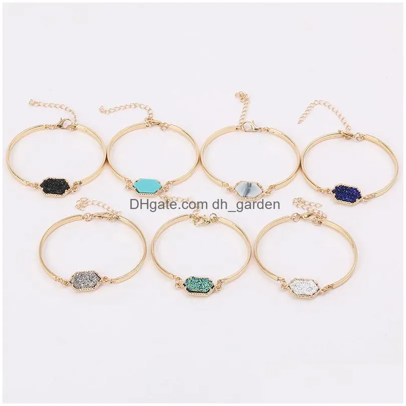 7 colors resin drusy bracelet gold silver color chian imitation crystal hexagon stone druzy bracelets jewelry for womenz