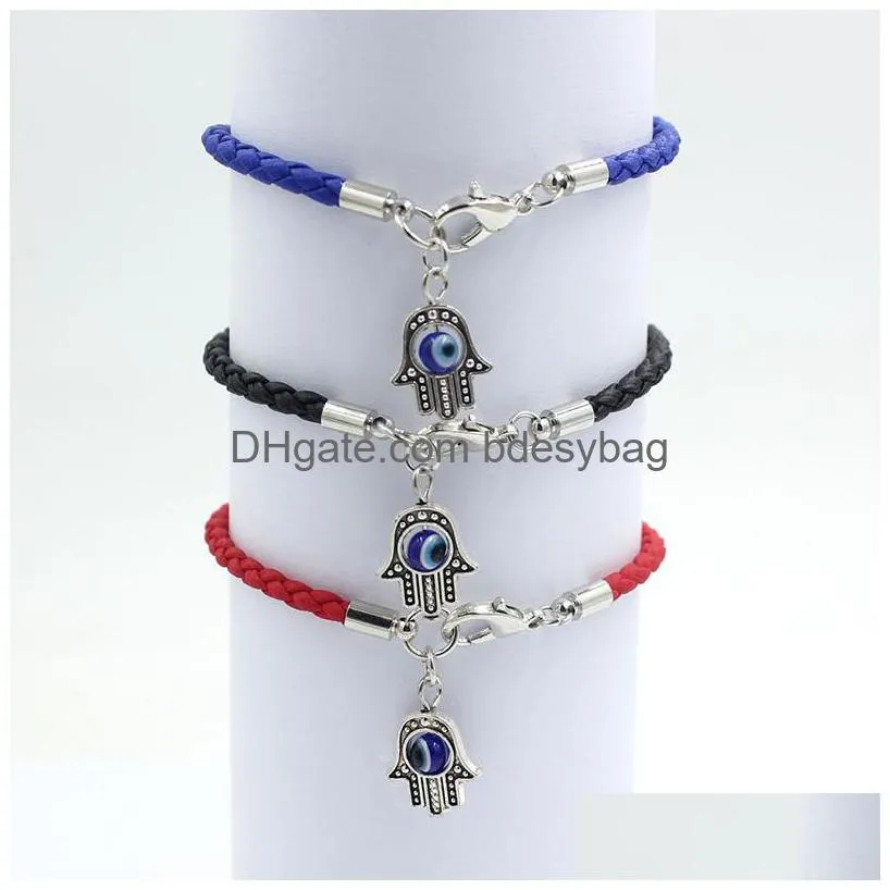 Charm Bracelets Wholesale Handmade Jewelry Lucky Kabh Charm Bracelet Evil Eye Hamsa Hand Of Fatima Bracelets Pu Leather Braided Rope B Dhpap