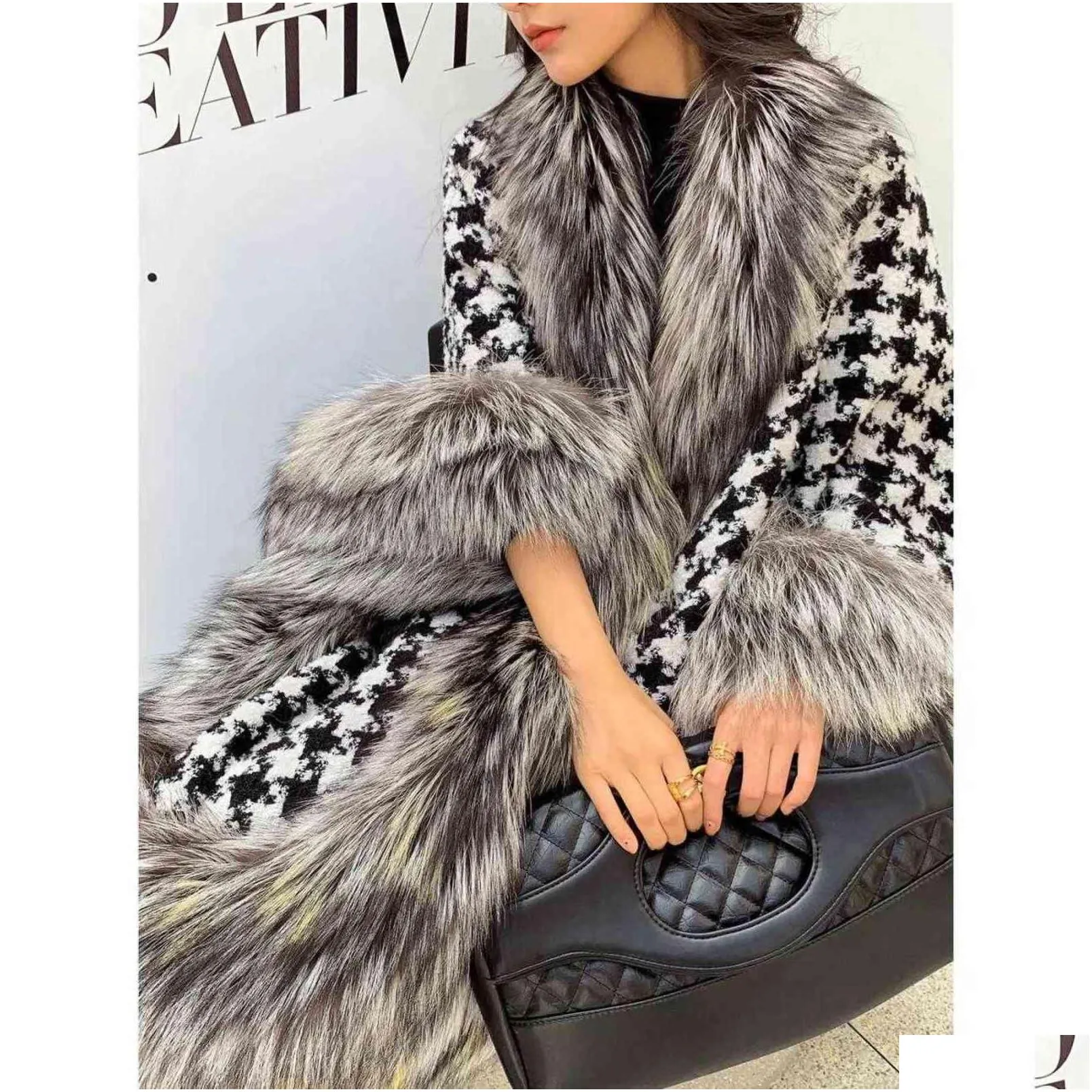 silver fox fur coat winter women shawl houndstooth cape in stock faux fur cloaks jacket for evening party x1106