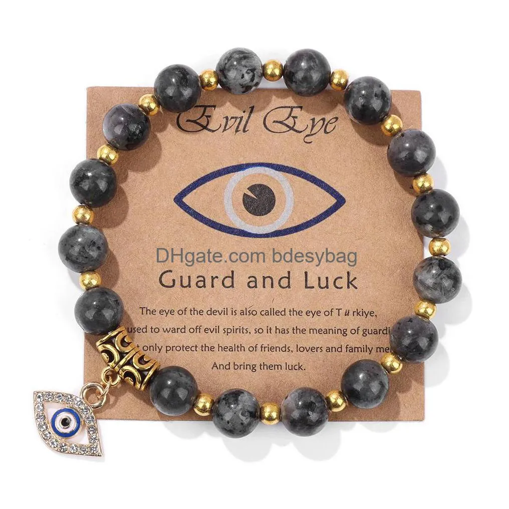 Charm Bracelets Lucky Turkish Blue Evil Eye Card 8Mm Fluorite Sodalite Stone Beads Handmade Elasticity Bracelet For Men Women Yoga Rei Dhz8O