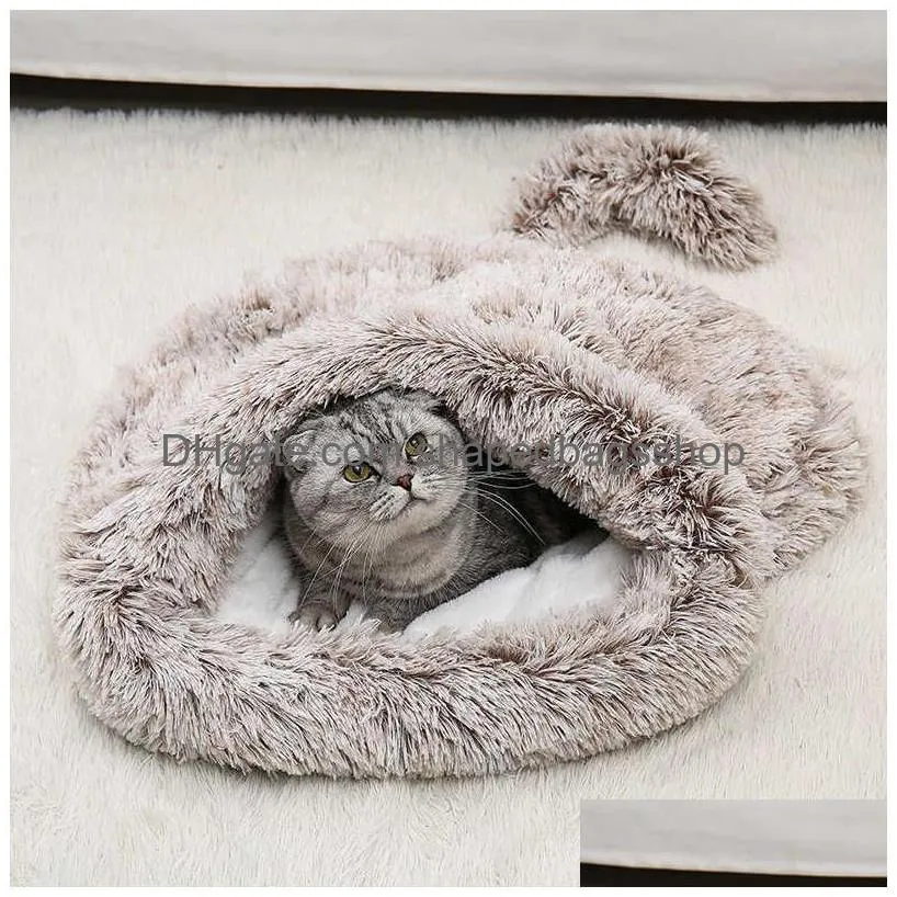 Cat Beds & Furniture Winter Long Plush Pet Cat Beds Round Cushion House 2 In 1 Self Warming S Sack Cozy Sleep Bag Basket For Small Dog Dhafr