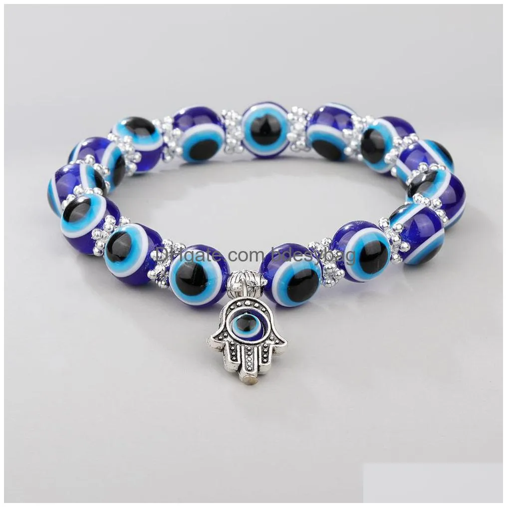 Beaded Fashion Sier Color Strand Bracelet Evil Blue Eye Hand Palm Bracelets For Women Beads Chain Vintage Jewelry Female Drop Delivery Dhprv
