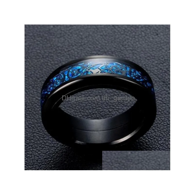 punk dragon pattern band rings for men inlay comfort fit stainless steel wedding ring wide 8mm