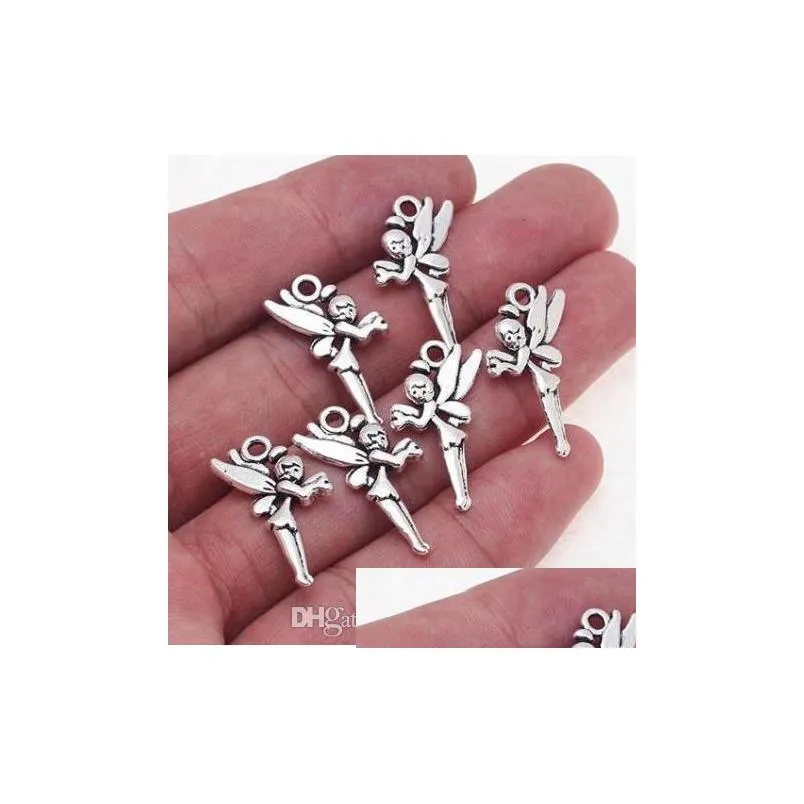 100pcs alloy fairy angel charms antique silver charms pendant for necklace jewelry making findings 25x14mm