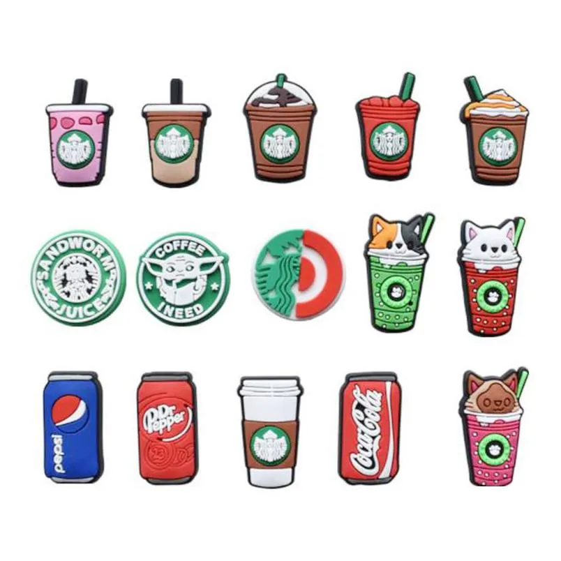 fast delivery shoe buckle accessories colorful cat coffee cup shoes buttons decoration jibz for croc charms kids gift