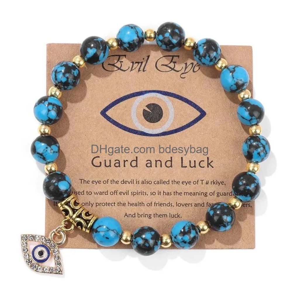 Charm Bracelets Lucky Turkish Blue Evil Eye Card 8Mm Lava Kallaite Beads Handmade Elasticity Bracelet For Men Women Yoga Reiki Jewelry Dhm3C