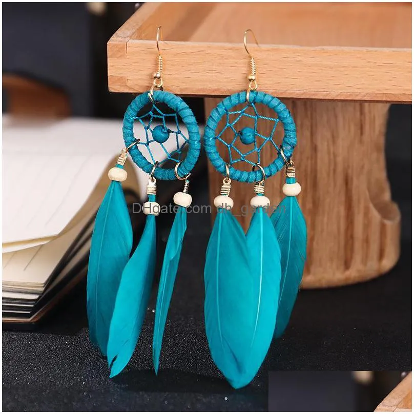 creative dream catcher long feather dangle earrings for women tassel earring ethnic indian jewelry