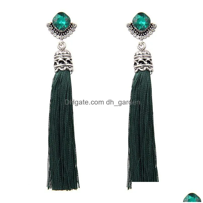 high quality rhombus crystal earrings boho red green thread vintage tassel drop dangle earrings for women fashion jewelryz