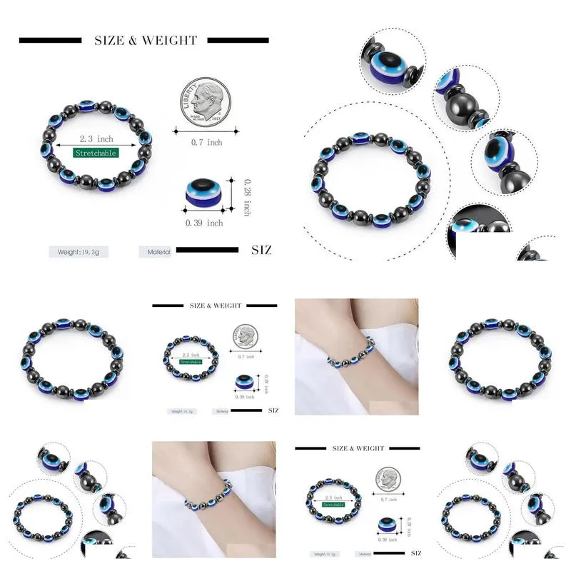 Beaded Energy Magnetic Hematite Blue Evil Eye Beaded Strands Bracelet Women Power Healthy Black Gallstone Chains Bangle For Dhgarden Dhtlg