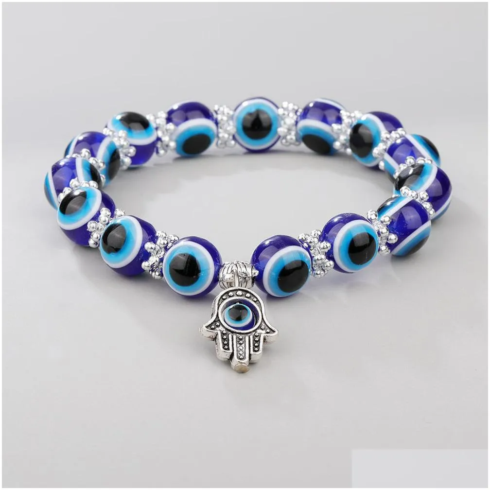 Beaded Fashion Sier Color Strand Bracelet Evil Blue Eye Hand Palm Bracelets For Women Beads Chain Vintage Jewelry Female Dro Dhgarden Dh7Xa