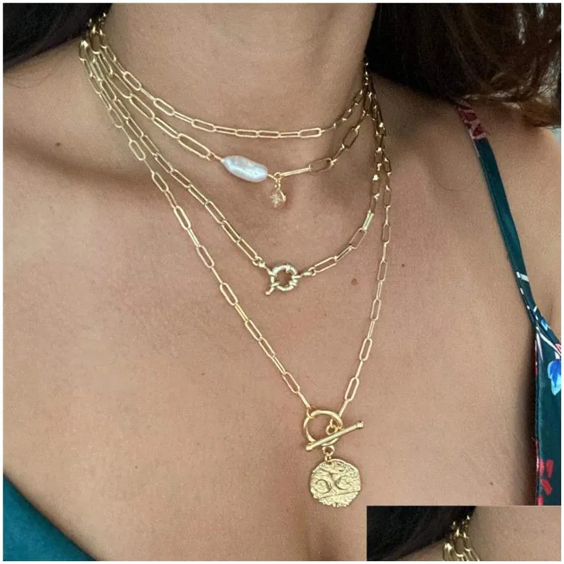 Pendant Necklaces Gold Moon Star  Evil Eye Pendant Necklace Medallion Paperclip Chian Choker Layering Jewery For Drop De Dhgarden Dhdjm