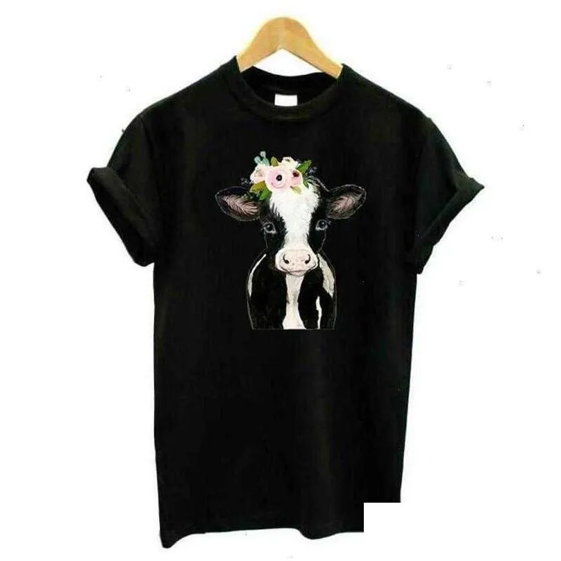 summer fashion tee shirt femme funny cow with flower animal lover farm t women tops