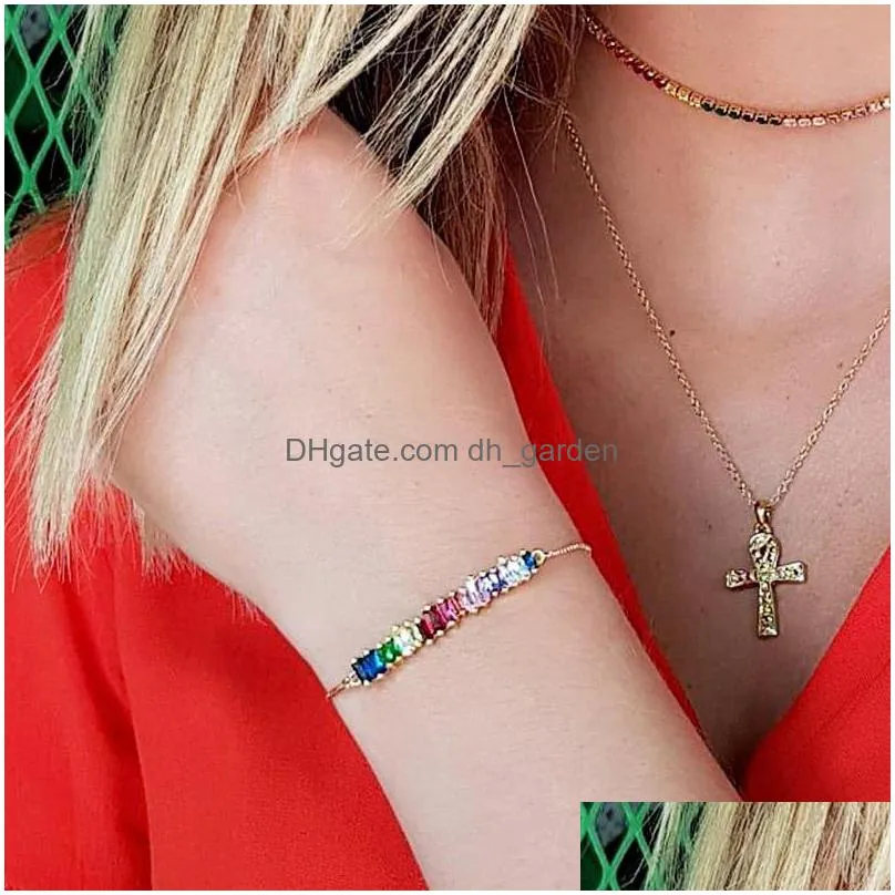 high quality cz rainbow necklace bracelet for woman colorful crystal pendant necklace fashion gold silve long chain charm wedding