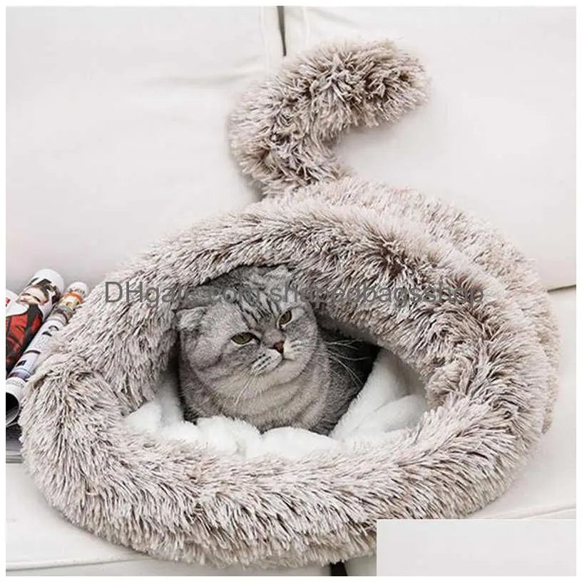 Cat Beds & Furniture Winter Long Plush Pet Cat Beds Round Cushion House 2 In 1 Self Warming S Sack Cozy Sleep Bag Basket For Small Dog Dhafr