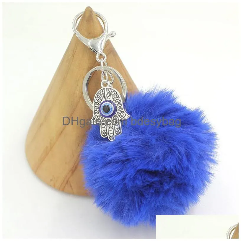 Key Rings Wholesale Lucky Cremaic Evil Eye Hamsa Hand Key Rings Keychain Soft Pom Handbag Charms Accessories Purse Keychains Jewelry G Dhuda