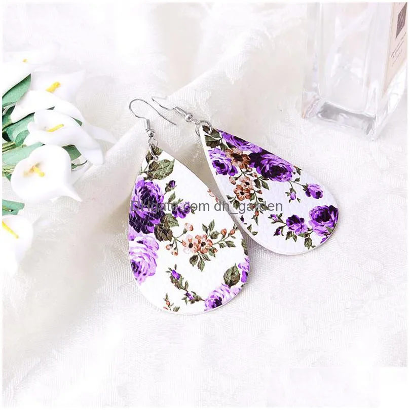 new trendy floral pu leather teardrop dangle earring boho style silver drop hook earring fashion jewelry christmas gift for womeny