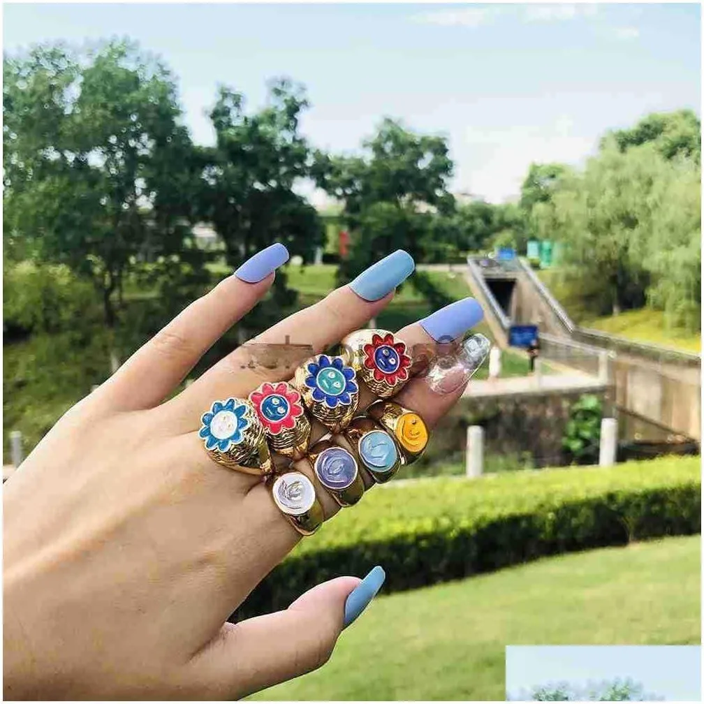 Band Rings Band Rings Aesthetic Colorf Evil Eyes Love Heart For Women Sweet Sunflower Drip Oil Enamel Metal Finger Couple Je Dhgarden Dhqpy